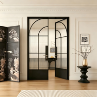 Porte intérieure battante à double battant en verre Moru, style rétro français, à grille cintrée, cadre fin noir, style parisien, cannelée et nervurée