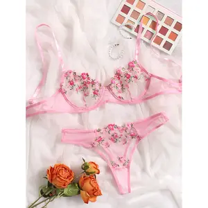 Unlined Ladies Sexy Underwear Lace See Through Bra Thongs Set Ultra Thin Embroidery Wire Free Lingerie