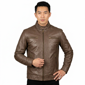 SAAR INDUSTRIES Men Brown Cow Skin Coated Mandarin Collar Vintage Bomber <b>Jacket</b> Loose Fit Zip-Up Waterproof Windproof Breathable - Product Image 1