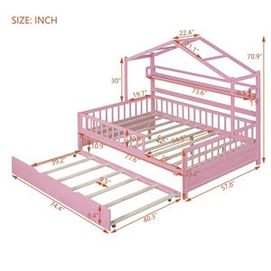 Letto a castello in legno a grandezza naturale con tetto, scaffale <span class=keywords><strong>e</strong></span> ruote estraibili, adatto per camerette di bambine o bambini - Product Image 3