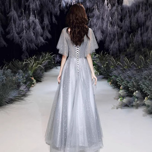 Evening Dress V-Neck A-Line Empire Waist Gray Black 3D Patterns Backless Formal Party Gown - Product Image 4