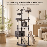Arbre à chat en peluche grise avec poteaux à gratter en sisal, deux niches pour chats, panier suspendu et rampe pour grands chats - Vente en gros