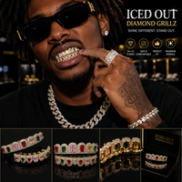 En gros Grillz dentaire CZ arc-en-ciel entièrement serti, large, style Hip Hop de luxe, plaqué or 14K, coupe octogonale, bijoux dentaires pour hommes et femmes