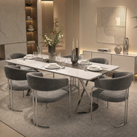 Table à manger en céramique blanche minimaliste avec plateau en pierre frittée, pieds doubles en acier inoxydable argenté, 6 places, vente en gros d'usine