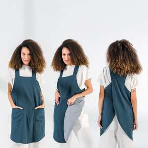 Delantal de lino con espalda cruzada con bolsillos Delantal de lino de 2 colores reversible sin lazos Delantal - Product Image 1