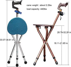 Đi bộ mía với gấp ghế có thể điều chỉnh gậy với ghế cho trọng lượng nặng Nhôm dày hợp kim mía Ghế Ghế