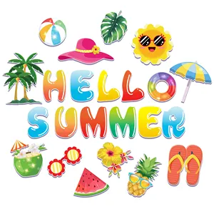 Huancai Hello Summer Cutouts Beach Watermelon Palm Tree Paper Cut Outs with Glue Points for Hawaiian Party Bulletin Board Decor
