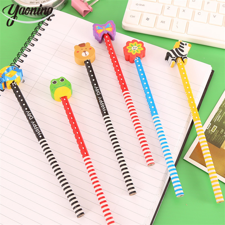 Популярные школьные письменные принадлежности для учеников, канцелярские принадлежности, оптовая продажа, милый экологически чистый карандаш из древесины hb с милыми ластиками в виде животных
