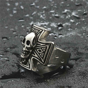 Skull <b>Ring</b> <b>Cross</b> Shape <b>Silver</b> Men's Punk Style Titanium Steel Jewelry Gift 26011 - Product Image 5