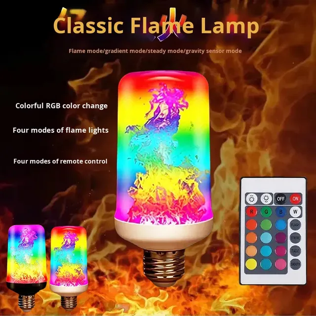 RGB Flame Effect Light Bulb LED Multicolored Flickering Flame Lamp with Remote Control for KTV Bar Garden Festival Decoration