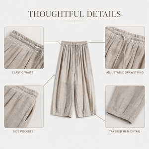 Pantalon fuselé 7/8 décontracté pour femme en lin 100% lavable à sec, taille élastique, logo personnalisé, doux, respirant, coupe courte d'été, qualité supérieure - Product Image 3
