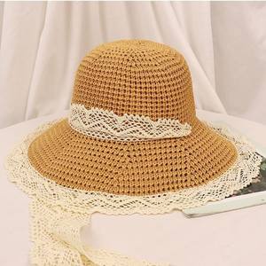 Sombrero de Paja Natural con Ribete de Encaje para Mujer Adulta, Plegable, Protección Solar, Estilo Fresco y Dulce, con Lazo - Product Image 2