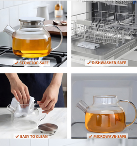Pichet à eau bouillante en verre borosilicate lisse avec couvercle en acier inoxydable, compatible cuisinière, 1L 1.8L, avec poignée en verre, sans BPA - Product Image 3