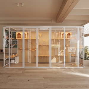 Meuble pour animaux de compagnie de luxe avec structure en acier au carbone, bois massif et verre trempé, grand espace, style villa - Product Image 1