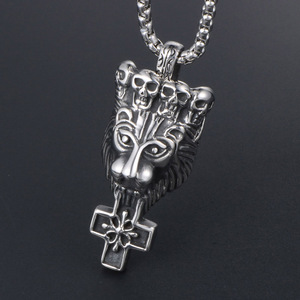 Trendy Men's Titanium Steel Lion Head Pendant With Skull Crown And <b>Cross</b> Flower Design SP494 - Product Image 2