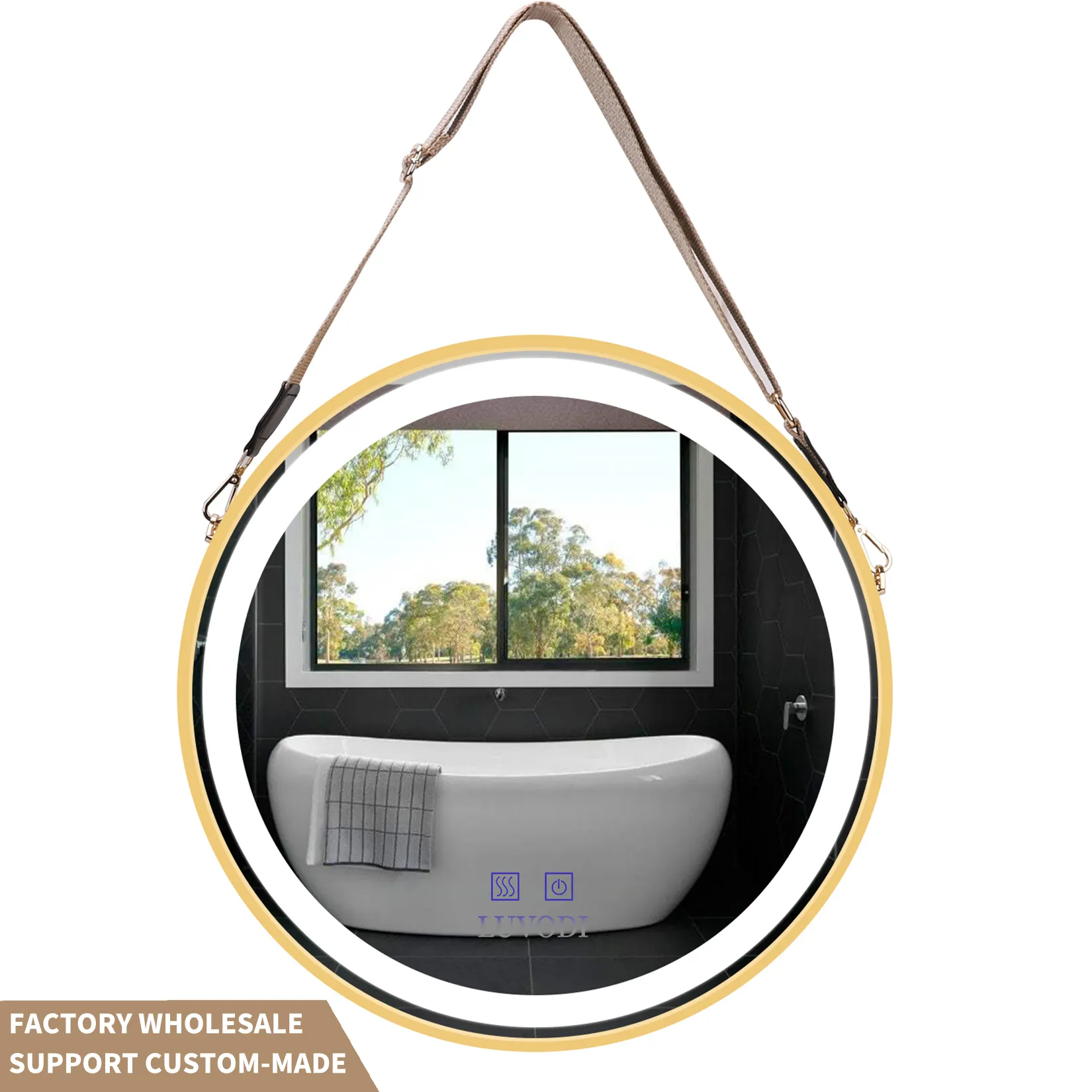 ขายส่ง OEM Alu กรอบกระจก LED สีดำ/ ทอง/เงินสมาร์ทสัมผัสรอบส่องสว่างติดผนังหรี่แสงได้ Defog กระจกที่มีสลิง