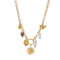 Pendentif personnalisé croissant de lune et soleil en forme de lune, pierres précieuses, perles, pour femme, style sportif, plaqué or véritable, bambou, pour le marché transfrontalier