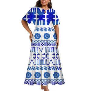 Vestido Informal o Formal con Diseño Tribal Fijiano, Etiqueta Privada Personalizada, Estilo Normcore, Mangas Cortas Acampanadas, Cuello en Forma de Gota de <span class=keywords><strong>Agua</strong></span>, a la Moda - Product Image 2