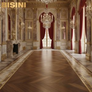 <span class=keywords><strong>Parquet</strong></span> en noyer à chevrons sur mesure, style italien majestueux et sophistiqué, avec incrustations de marbre blanc et de laiton, pour hall d'entrée. - Product Image 6