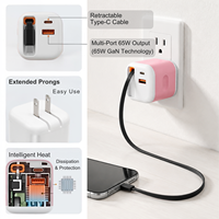 Chargeur mural 3 en 1 GaN 65W avec câbles rétractables et prise pliable, adaptateur d'alimentation à charge rapide pour plusieurs appareils