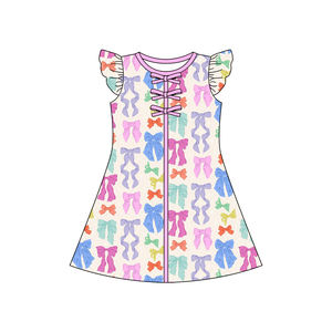 Vestido infantil GSD3856 personalizado para niña, con estampado de flores rosas, lazos y rayas, venta al por mayor, vestido de manga corta para bebé. - Product Image 6