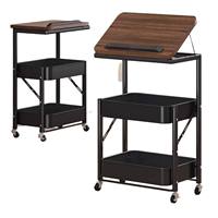 Chariot utilitaire pliable à 3 niveaux sur roulettes - Chariot de rangement mobile avec plateau en bois amovible pour cuisine et bureau