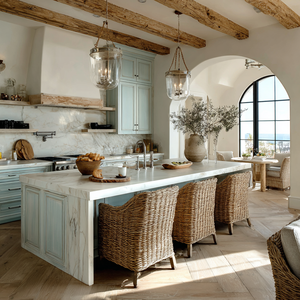 Armoires de cuisine VSME de style britannique en bois foncé avec îlot en marbre, ensemble complet modulaire sur mesure - Product Image 1