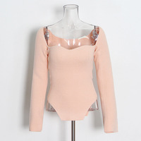 Damen pullover Langarm Vierkant ausschnitt Schulter unregelmäßig Slim Fit Bottom ing Top Einfarbige Pullover Pendler Strickwaren