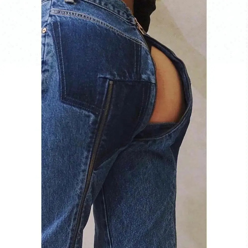 Reale lupo denim cavallo dei jeans della chiusura lampo delle donne di fabbrica tendenza anteriore a quella posteriore della chiusura lampo dei jeans pantaloni con apertura sul cavallo dei jeans