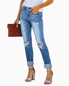 High Waist <strong>Turn</strong> <strong>up</strong> Hem Pants Fashion Washed Mom <strong>Jeans</strong> for Lady Straight Let <strong>Jean</strong> - Product Image 5