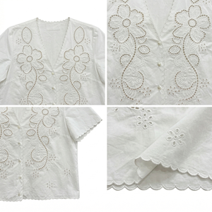Chemisier blanc élégant pour femme, design original personnalisé, manches courtes, broderie anglaise, hauts de luxe pour femmes, tissu personnalisé OEM - Product Image 3