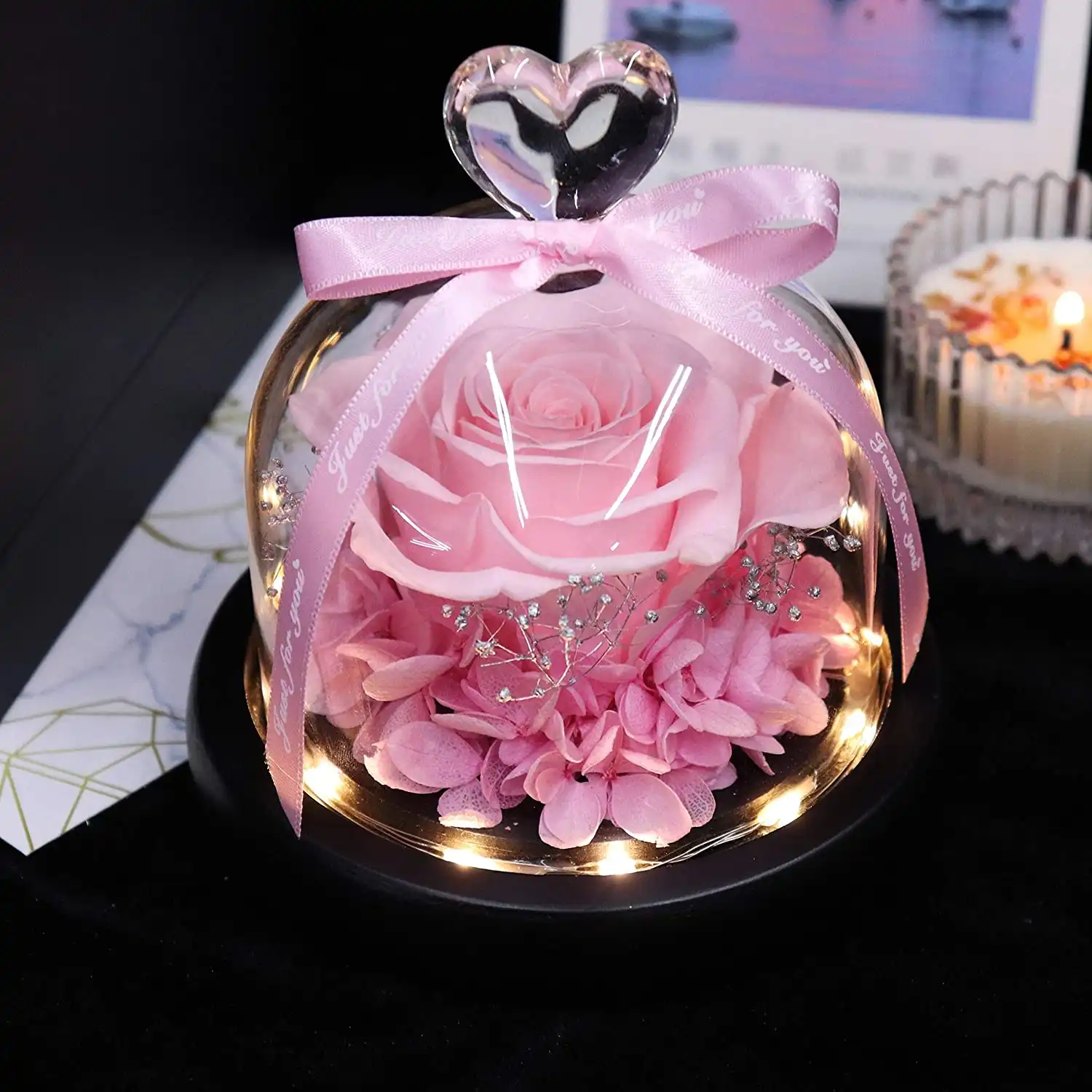 Valentine gift decorative flowers forever eternal everlasting real touch roses flowers preserved rose glass dome with LED light