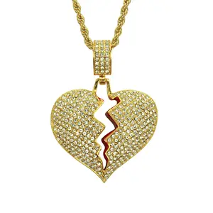 Suyan Sieraden Brak Heart Alloy Hiphop Iced Out Ketting Full Diamond Heartbroken Vorm Hangende Hiphop Ketting Sieraden