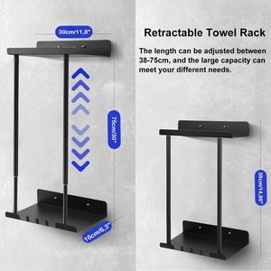 Adjustable Wall Mounted Towel Rack Retractable Bathroom Towel Holder Multi Layer Black Metal <b>Bath</b> Towel Storage <b>Shelf</b> with Hook - Product Image 2