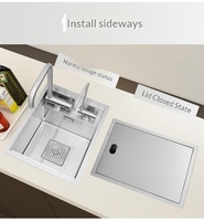 Évier de cuisine artisanal en acier inoxydable 304, mini, à cuve unique, avec robinet, surface brossée moderne et plaque de couverture dissimulée, pour comptoir de bar îlot