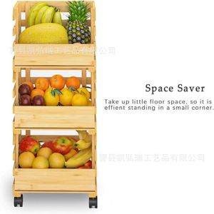 Wooden kitchen <b>vegetable</b> storage <b>basket</b>, floor-<b>standing</b>, with wheels, multi-tiered stackable solid wood storage rack - Product Image 4