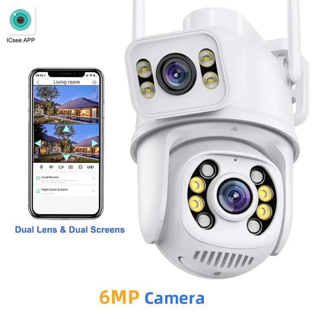 6MP 8MP açık çift Lens kablosuz ip kamera cctv ICsee Wifi çift top makinesi bağlantı kamera 4K çift Lens ptz ağ kamerası