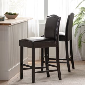 Juego DB de 2 taburetes de barra tapizados de PU marrón y nogal de 27 \ "con embellecedor de cabeza de clavo para muebles de cocina - Product Image 2