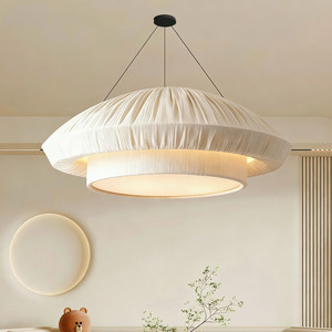 Lustre de style vintage français, 80 cm, 100 cm, luminaire suspendu rond en tissu pour salon, décoration intérieure, éclairage chaud et crémeux - Product Image 3