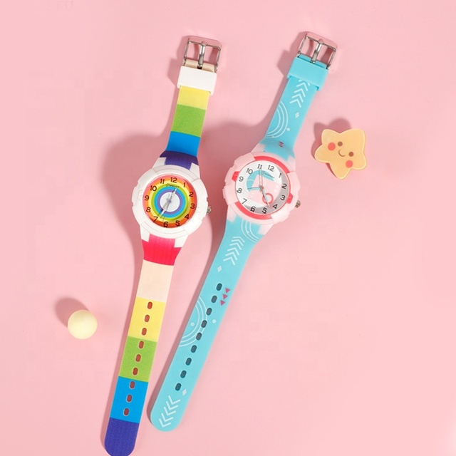 New Cute Colorful Waterproof  Plastic Rainbow Gift Fashionable Style 16mm Band Width Pointer Quartz Watches for Kids