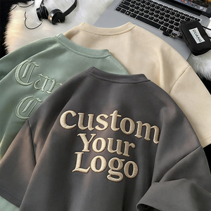 工厂批发男士 100% 棉 T 恤定制刺绣 T 恤厚领宽松版型印花图案 T 恤男 - Product Image 2