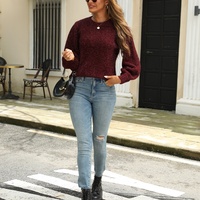 Pull en maille à manches longues avec nœud au dos, style automne-hiver, lurex scintillant, manches bouffantes, haut de gamme, texturé