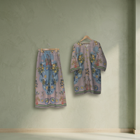 Ensemble coordonné numérique FUSION SL00247 – Hauts décontractés en mousseline florale à manches trois-quarts respirants pour femme, 2 pièces, FEROZE LILAC