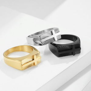 Cross <b>Ring</b> For Men 18K Gold Plated Titanium Steel Church Style Index Finger Jewelry Gift - Product Image 2