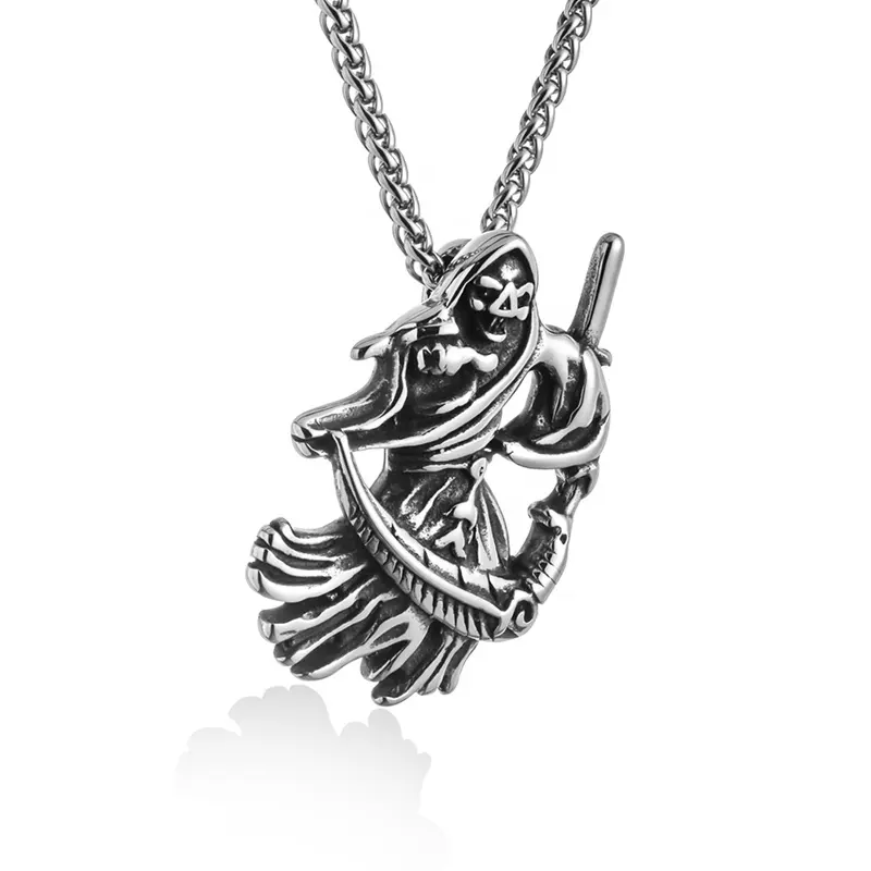 MECYLIFE Grim Reaper Skeleton Stainless Steel Pendant Necklace Skull With Two Scythes Design Biker Jewelry Skeleton Necklace