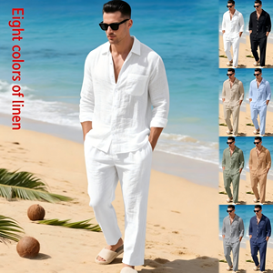 Completo da <span class=keywords><strong>Uomo</strong></span> in <span class=keywords><strong>Lino</strong></span> 2 Pezzi: Camicia a Maniche Lunghe con Colletto Rovesciato + Pantaloni Lunghi Larghi, Outfit Casual da <span class=keywords><strong>Spiaggia</strong></span> per l'Autunno, Disponibile in 8 Colori - Product Image 2