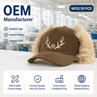 Casquette personnalisée avec logo, broderie bois de cerf, en velours côtelé marron, avec cache-oreilles en fausse fourrure, pour l'extérieur en hiver, fabriquée par le fabricant