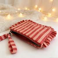 OEM Maßgefertigte Rot Gestreifte Rüschen-Organizer-Tasche Vintage Fransen Make-up-Beutel Niedliche Baumwoll-Handgelenktasche Kosmetiktasche für Frauen