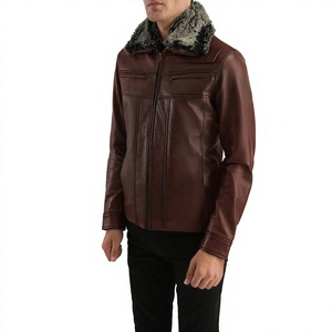 <b>Men's</b> <b>Brown</b> <b>Leather</b> Bomber <b>Jacket</b> with Turn-down Collar Zipper Closure Windproof Winter Outerwear Regular Fit Front Logo - Product Image 3