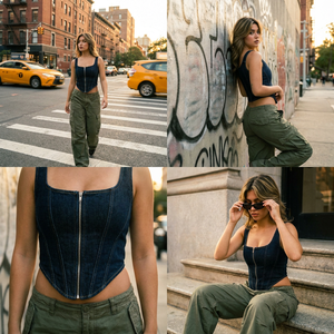 Haut Corset Structuré Sexy pour Femme, Effet Denim Vintage, <span class=keywords><strong>Bustier</strong></span> à Baleines, Ourlet Asymétrique, Style Y2K Streetwear, Haut de Soirée, Vente en Gros - Product Image 3